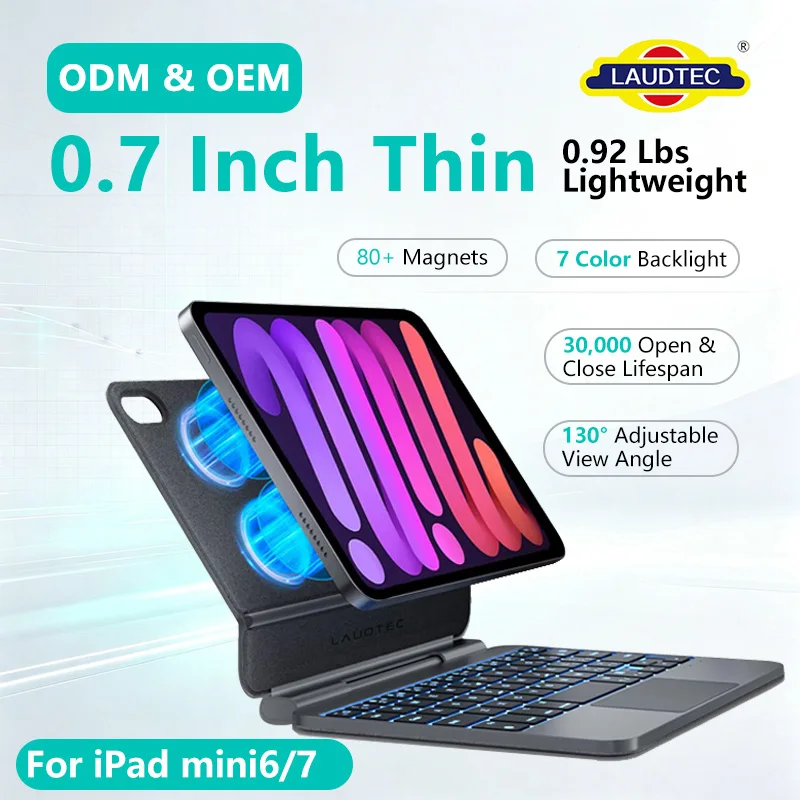 Funda teclado inalámbrica Laudtec ultradelgada con retroiluminación RGB de 7 colores, soporte magnético y touchpad para iPad Mini 6 / iPad Mini 7