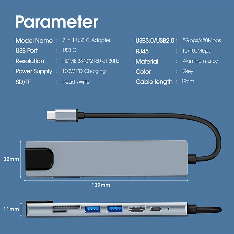 8 в 1 USB-концентратор типа C с Gigabit Ethernet 8-портовый USB-адаптер док-станции для ноутбуков MacBook Pro Air