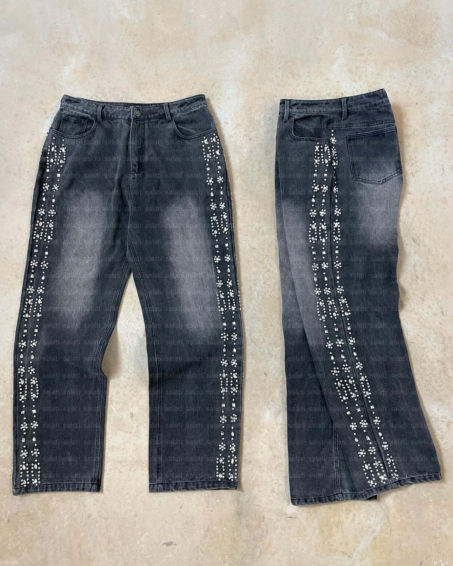 For Custom Glitter Oversized Mud Wash Cotton Vintage Distressed Rhinestone Straight Button High Waist Denim Jeans Men gallery 2