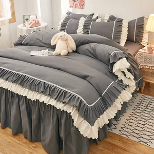 Four Piece Grey and White Bed Skirt Style Duvet Cover Warm Winter Bedding Quilt Cover Queen Size Bed Skirt