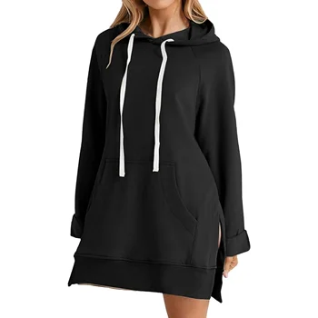 Blank Oversized  With Pocket Wholesale 300Gsm Fleece Long Hoodie Dress For Women