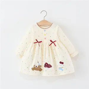Wholesale European-style Summer Girls' Dresses Print Cotton Cartoon Children's Eco-Friendly Knee-Length Long Sleeve with Bow