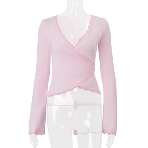 2026 Y2K Sexy Hottie Lace Patchwork V-neck Tie-up Long-sleeve T-shirt - Pure and Alluring Style Slim Fit Temperament Top