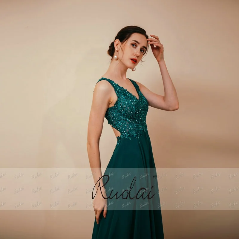 ASA291042 Elegant Sleeveless Keyhole Back Chiffon Appliques Evening Dress High Split Formal Gowns