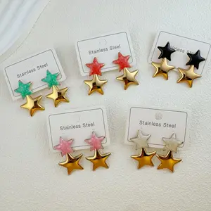 MW Cute Stainless Steel Drop Earrings Colorful Tones Real Gold Plated Star Pendant Earring Hypoallergenic Oil Drip Jewelry Gift