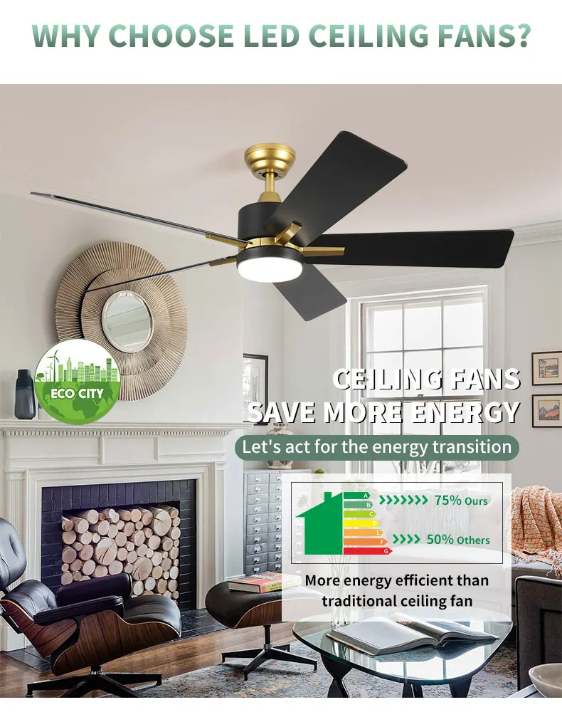 Matte Black and Gold HC553 5/3 Blades 52' Black Ceiling Fans with Lights