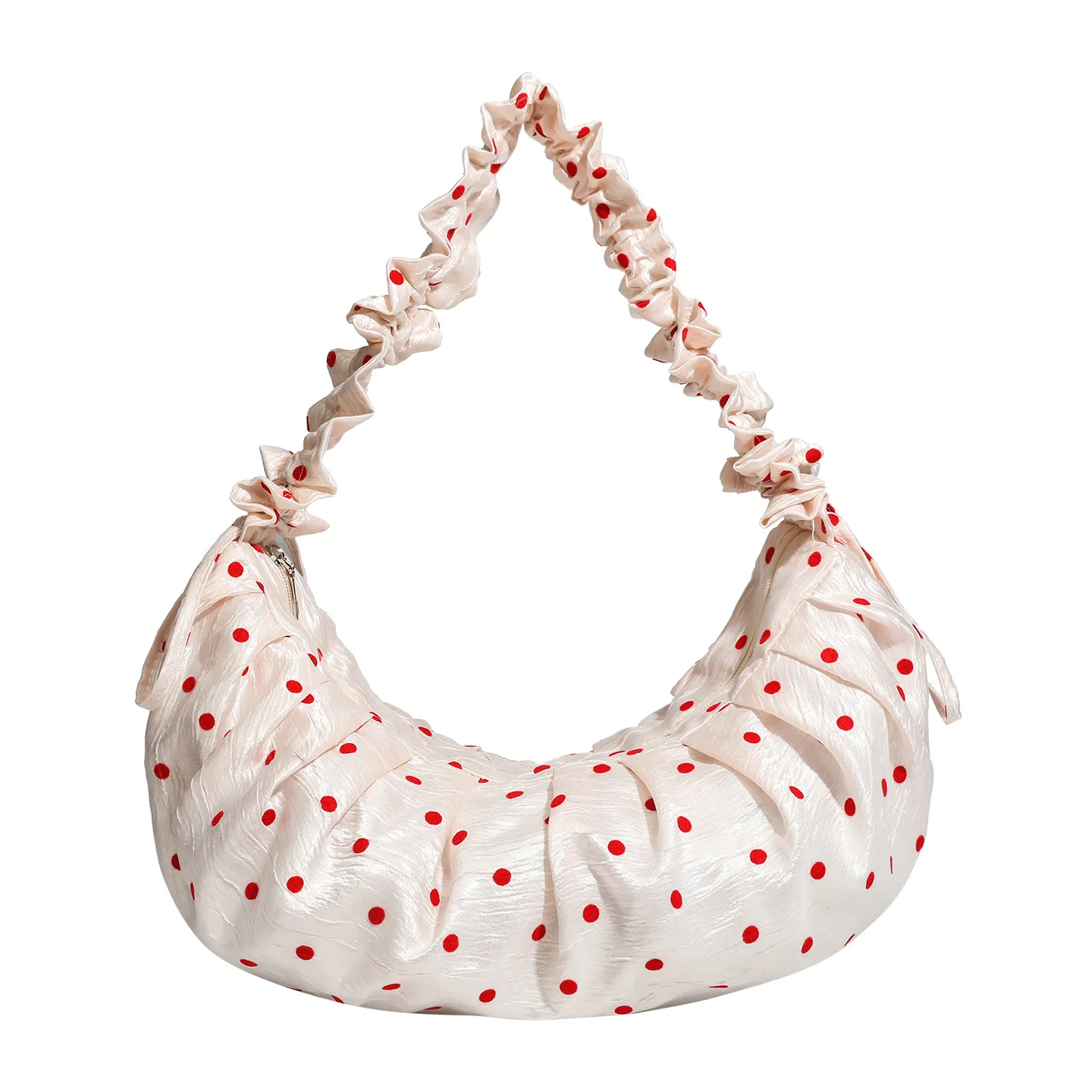 2026 New Style Spring Summer Ruffle Polka Dot Dumpling Bag Drawstring Zipper Pink Underarm Zipper Shoulder Bag for Women
