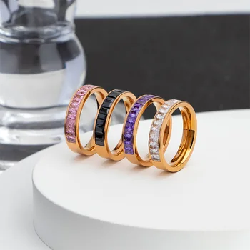 Fashion Women Jewelry Wholesale Gold Plated 316L Stainless Steel Rainbow CZ Setting Finger Ring for Girls