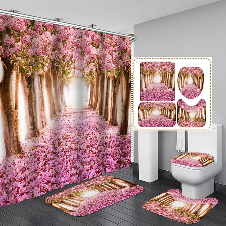 Spring Cherry Blossom Pink Flowers Scenery Bathroom Sets Shower Curtain ...