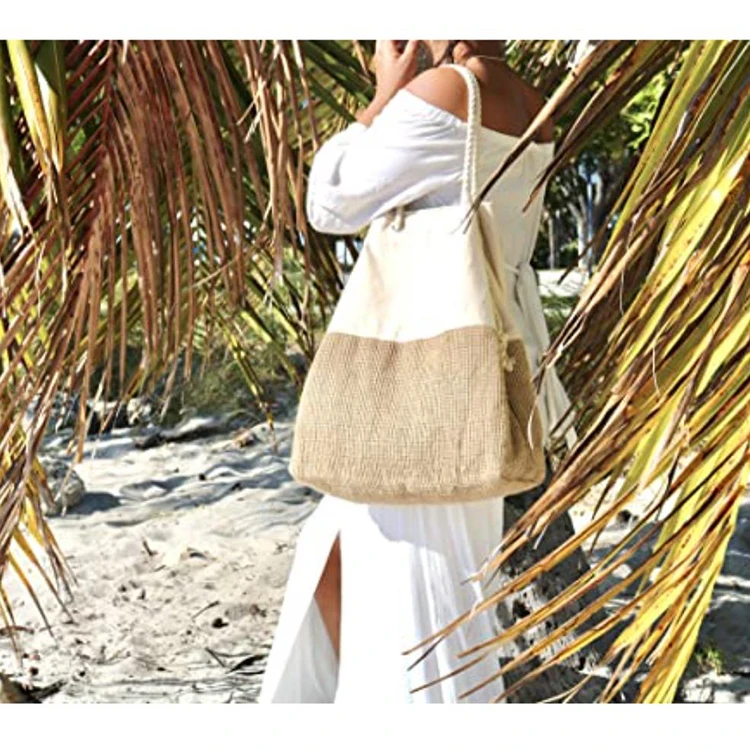 Factory Direct Wholesale Handmade Woven Bags Fashion Lady Canvas Beach Handbag