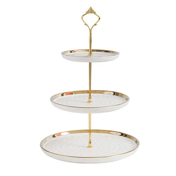 European Gold Rimmed Water Ripple 3 Tier Cake Tray Minimalist Ceramic Treat Holder