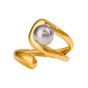 MW Women's Fashionable Modern Minimalist Stainless Steel Open Ring 18K Gold Plated Two Tone Cross Beaded Ball Engagement Rings