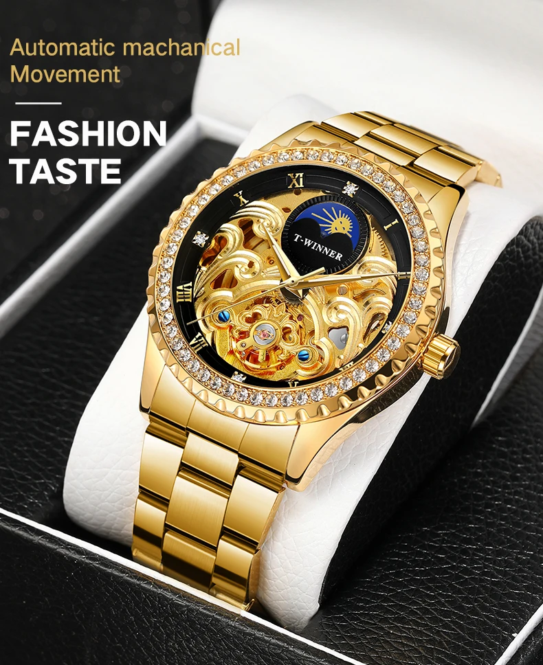 Men's Automatic Mechanical Watch Vintage Rhinestone Skeleton Design_voghion.com
