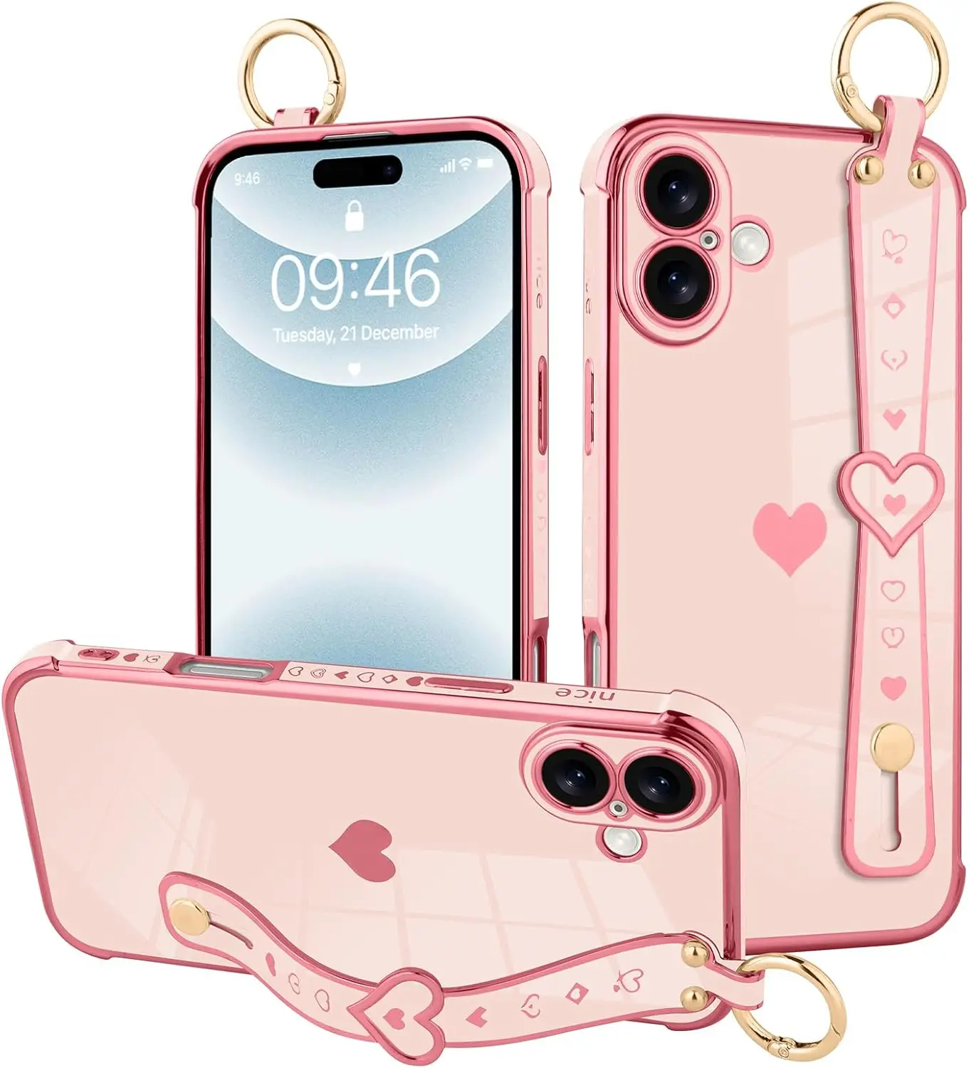 Soft Case for iPhone 16 Pro Max Electroplating Heart Pattern Cute Silicone Phone Case with Hand Straps Kickstand For Girls