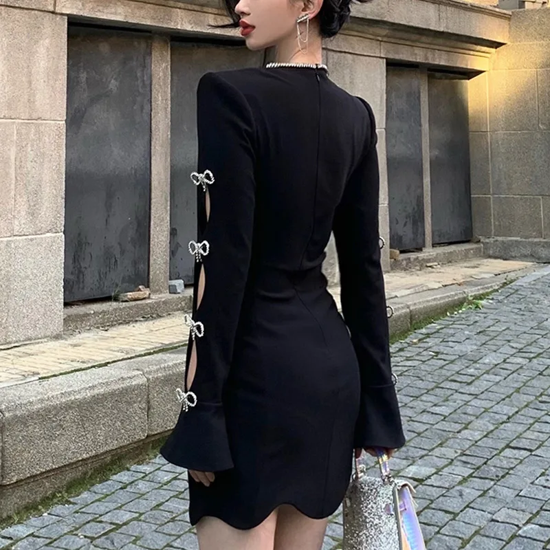 2025 Elegant Short Black Party Dress for Women Classic High Neck Rhinestone  Breathable Slim Long Sleeve High Quality Fashion