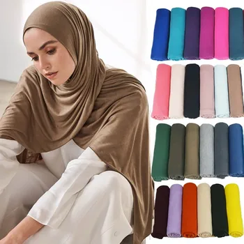 Wholesale 185*85cm Muslim Women Wraps Elastic Solid Colors Stretchy Shawls Scarves Cotton Jersey Hijab Scarf 2022