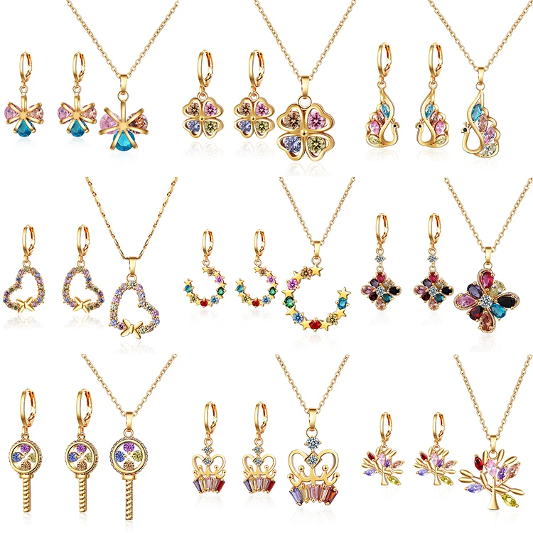Colorful dubai cheap bridal 18k gold plated zircon necklace and earrings jewelry set