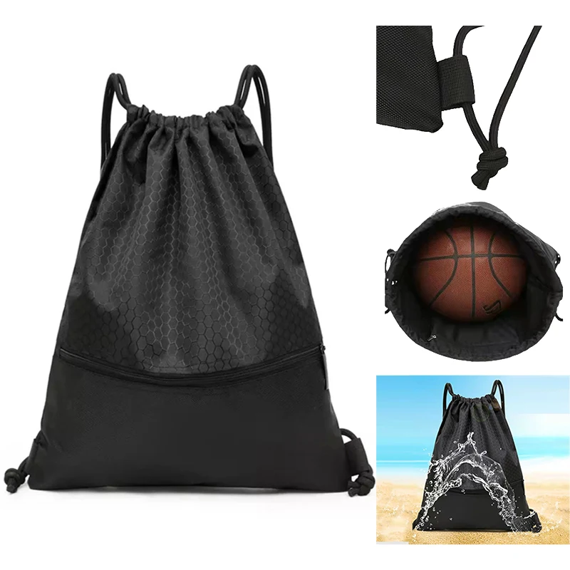 Custom Logo Large Capacity Waterproof Gym Black Blank 420D Polyester Sport Drawstring Backpack Bag with Pocket