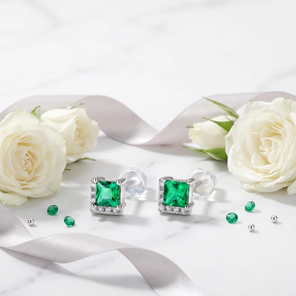 925 Sterling Silver Square Emerald Stud Earrings Geometric Claw Set Certified Engagement Jewelry for Women Party Wedding Gift