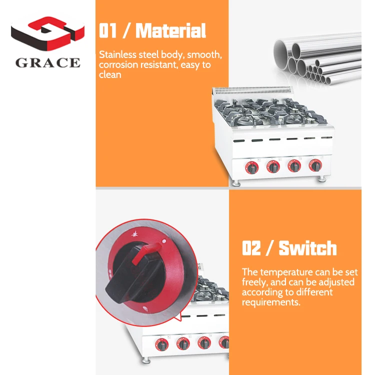 Grace Commercial Cooking Equipment Stainless Steel 4 Burners Counter