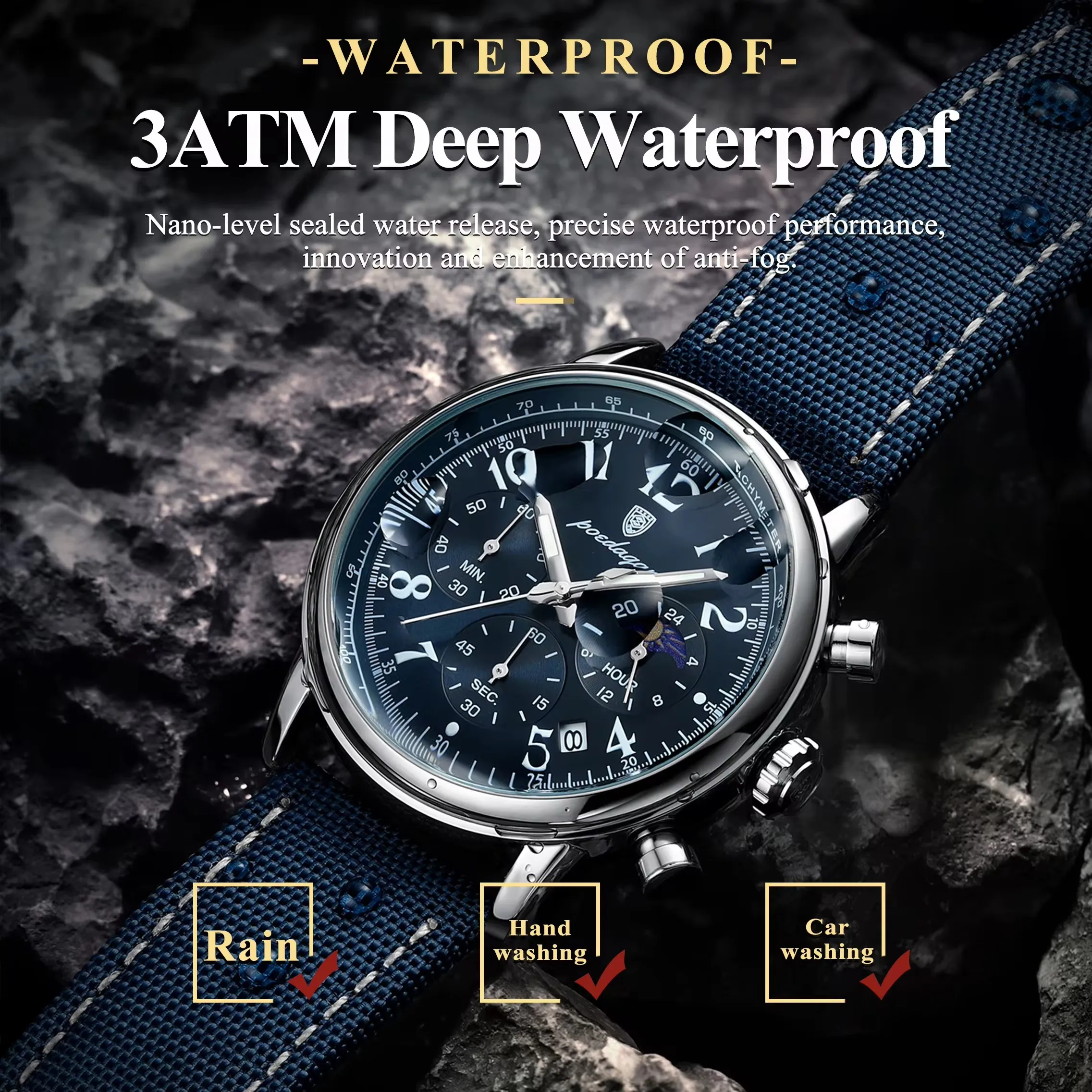 Luxury Silver Blue Quartz Chronograph Watch for Men
