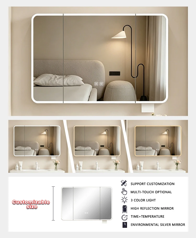 product factory new hotel bathroom decoration mirror cabinet aluminum bathroom cabinet with three color light adjustment for hotel-4