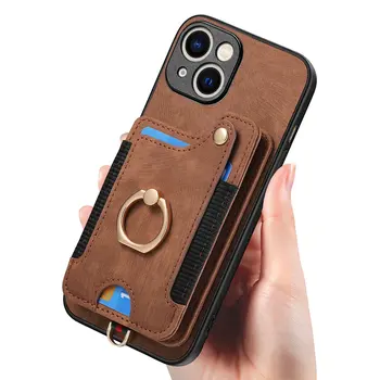 Mobile phone leather case solid color skin leather lanyard car magnetic buckle PU protective case