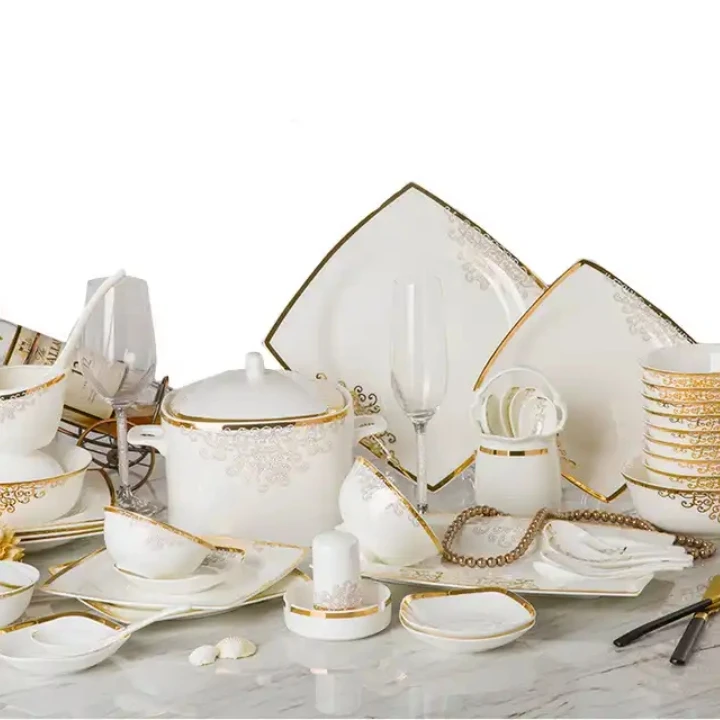 Nordic Fine Bone China Square Dinnerware Sets with Gold Rim