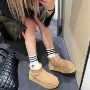 Snow Boots Women's Short Boots Leather and Fur All-match Ladies Cotton Shoes Plus Velvet Thickened Cowhide Boots