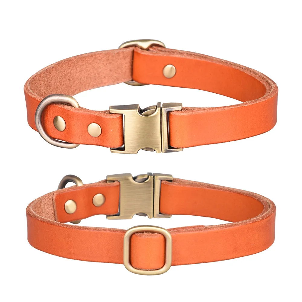 Luxury Cow Leather Dog Collar With Bronze Buckle Pet Leashes And