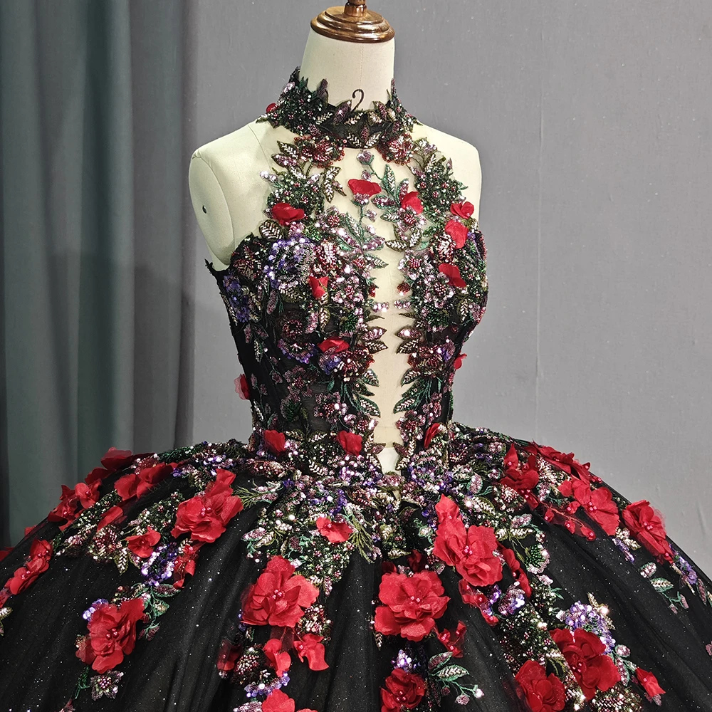 15 dresses black and red Glitter 3D Flowers Red 2025 Quinceanera Dresses Sweetheart Sweet 15 Prom Dress US4 / Red main image 1
