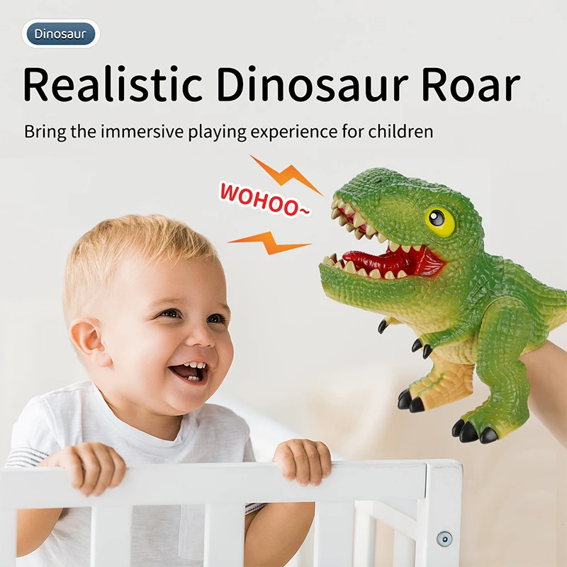 Custom Role Play Game Battery Operate Pretend Play Big Cute Rubber Human Stretchy Hand Dinosaur Puppet With Sound for Children