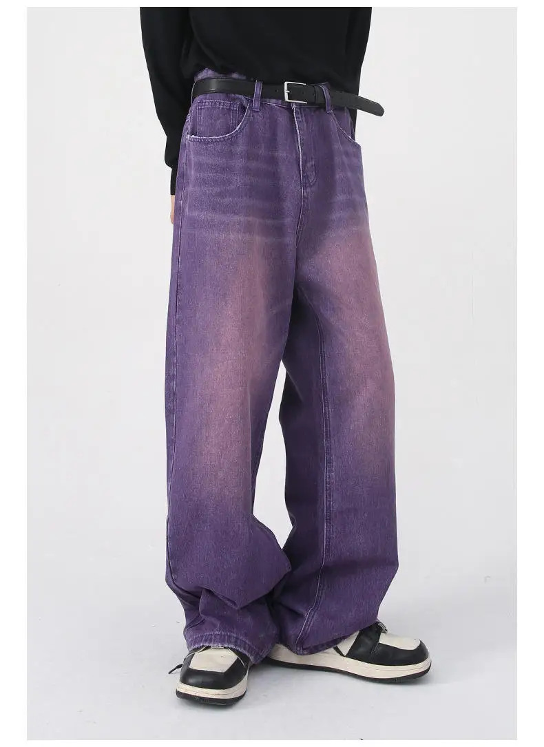 vintage colourful wide leg trousers jeans for men loose washed white purple straight jeans men