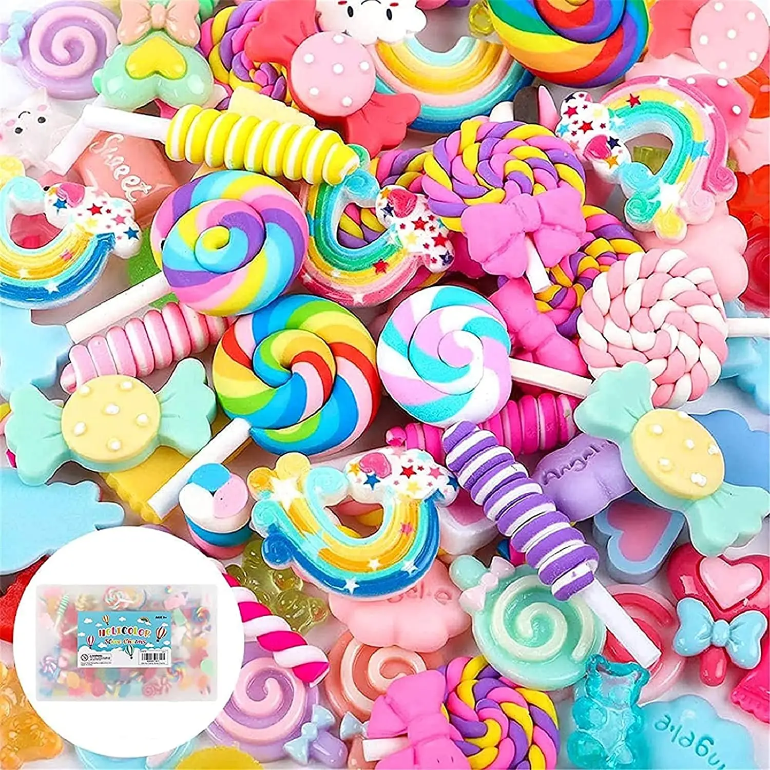 50pcs Cute Slime Charms Mixed Set Resin Flatback Making Supplies for DIY Craft Making and Ornament Scrapbooking Beads Assorted Candy Fruit Cake Ornament 