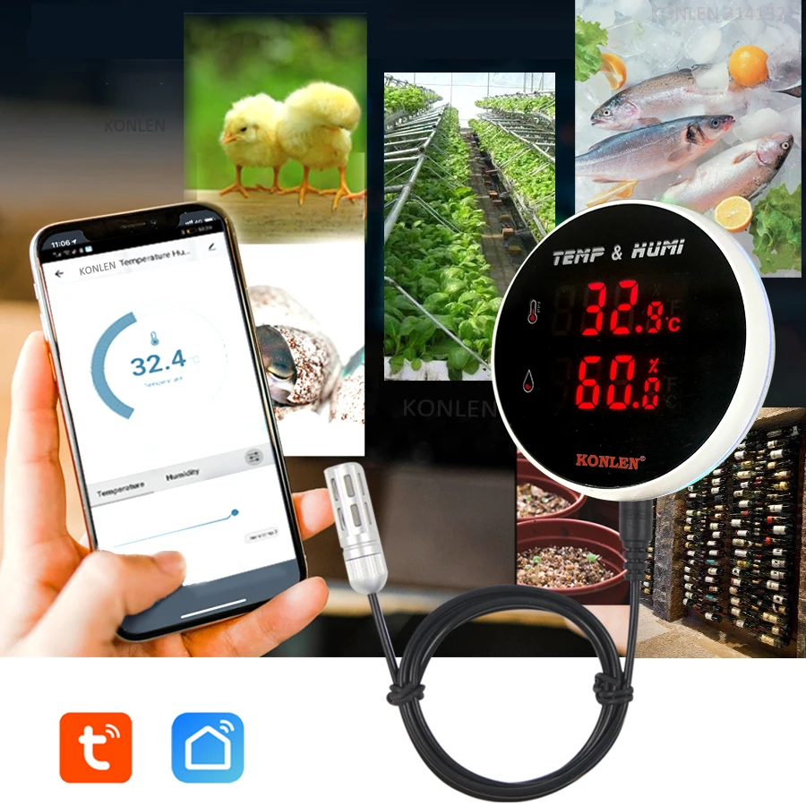 WiFi Temperature Sensor Smart Thermometer: Digital Temperature Monitor  Gauge with Waterproof External Probe, App Alert & Buzzer Alarm,  Rechargeable