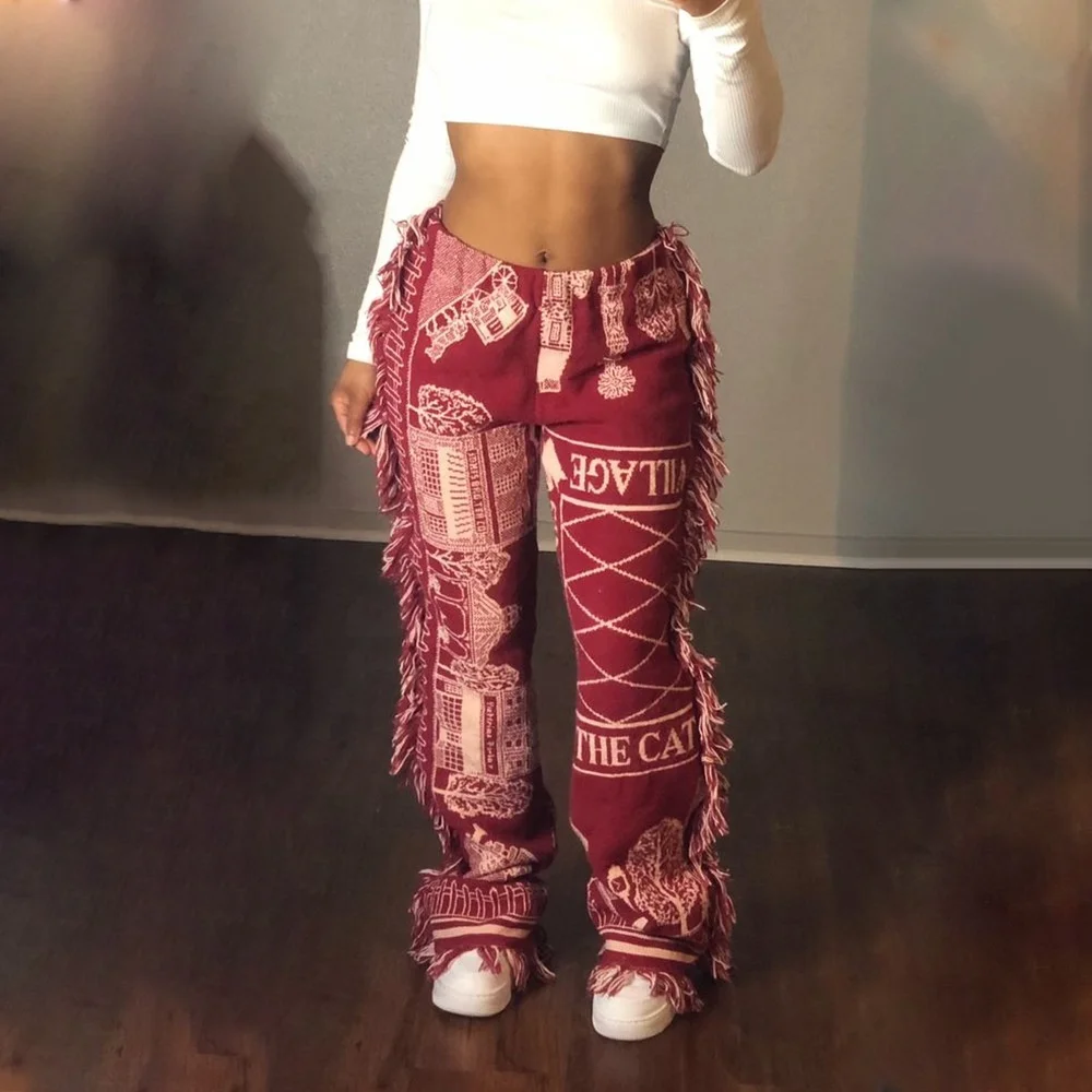 Side Tassels Patchwork Striped Print Jogger Pant Women Rave Festival Clothing 2021