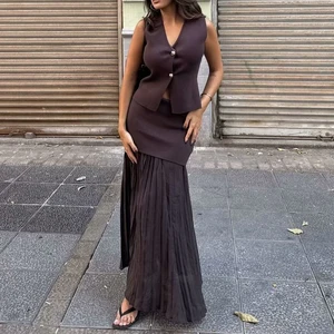 2025 Summer Button V-neck Vest Top Ankle-Length Skirt Lady Street Outfit 2 Pieces Women Knitted Sets Loose Skirt Set