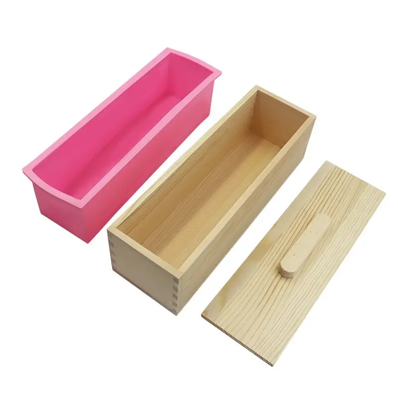 Easy to Clean Rectangular Silicone Soap Mold Durable Big Soap Molds Heat Resistance Silicone Soap Mold With Wooden Box