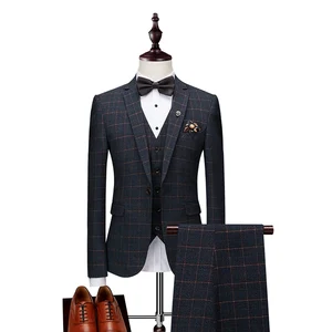 Latest Fashion Design Three Pieces New Checked Pant Coat Formal Casual Men Suit