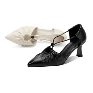 Elegant Ruched Pointed Heels for Ladies with Straps and Decorative Button Fashionable Summer Comfort OEM ODM