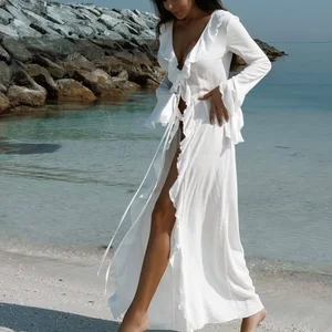 Sexy One-Piece Chiffon Tunic Dress with V-Neck & Ruffled Long Sleeves Solid Beach Cover-Up Bikini Skirt Vacation Sunscreen