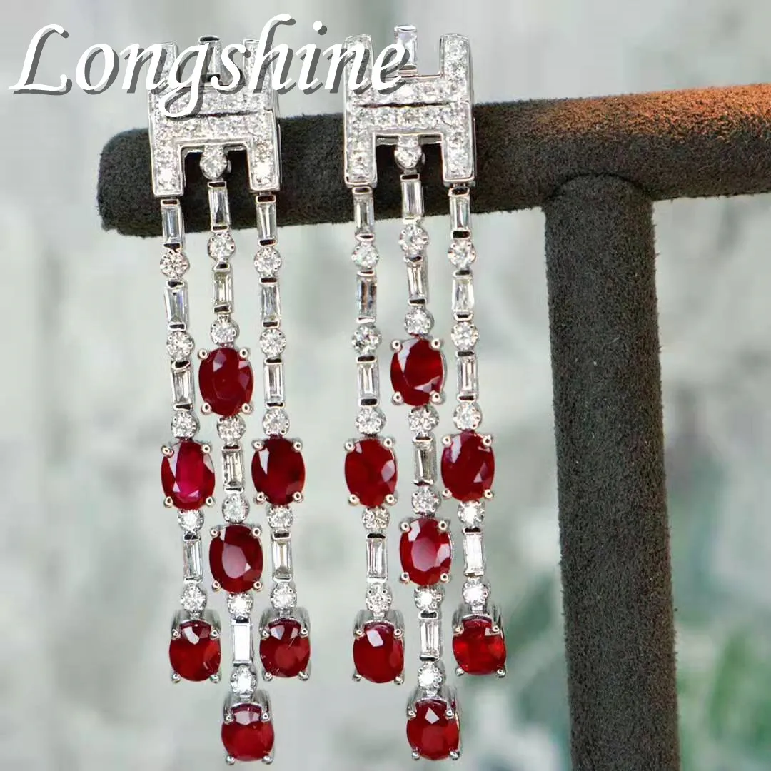 Luxurious Wedding Gemstone Jewelry Natural Ruby and Diamond Tassel Shape Earring 18K Gold Dangle Earrings for Women