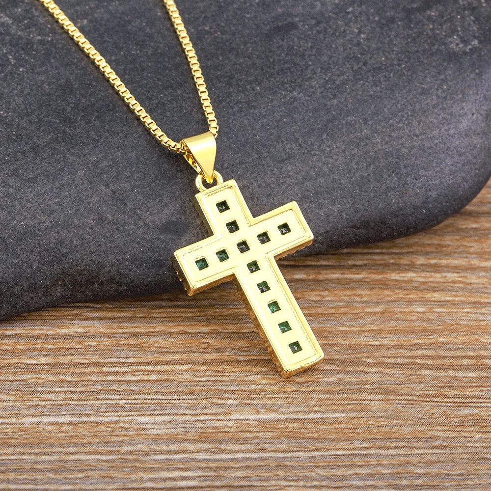 QIKU 6 Colors Rhinestone Cross Shape Pendant Necklace Copper Zircon Chain Choker Religious Pray Jewelry Women Gift Dropshipping