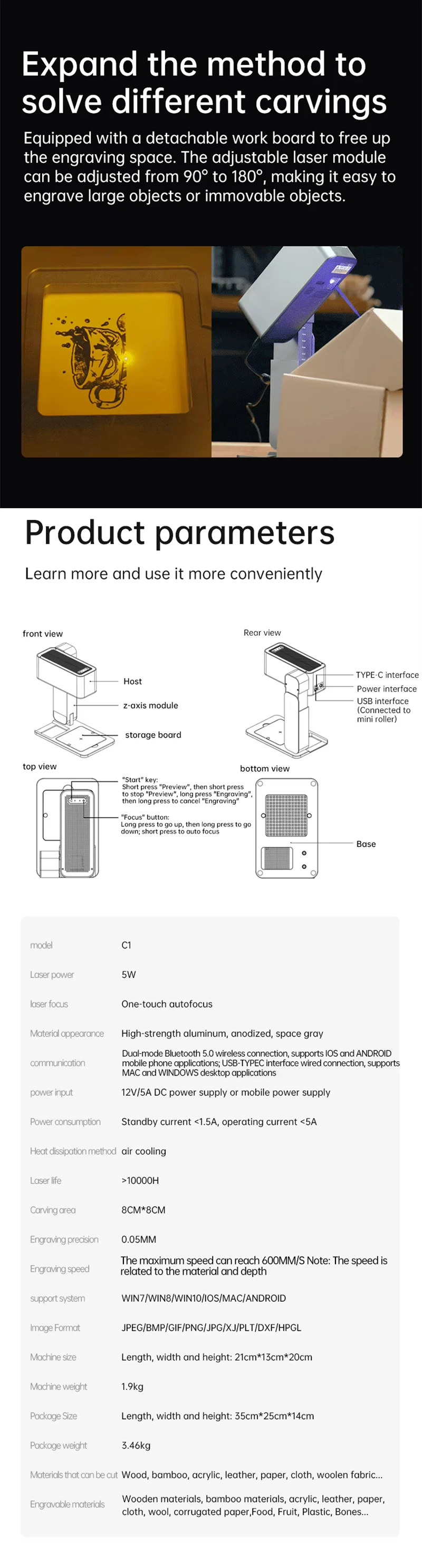 MR.CARVE C1 Mini 5W Diode Marking Machine Hot Selling 80*80mm Continuous Wave Stand for Wood Plastic Leather Auto Focus Leaf