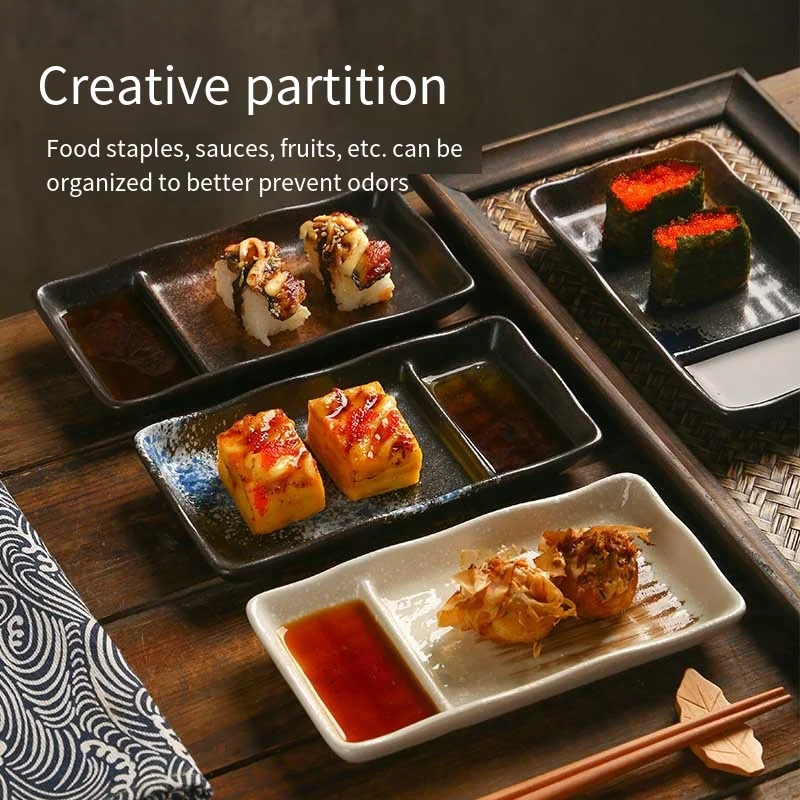 Rectangular Japanese Sushi Plates Black Matte Creamic 2 Compartment Plate Eco-Friendly Ceramic Divided Dumplings Dish