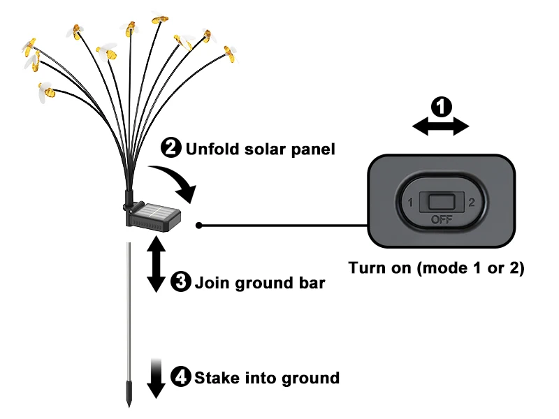 New Design Bee Firefly Lawn Landscape 2 Lighting Modes Swaying Solar Garden Lights Outdoor Waterproof Led Decor Pathway Lamp manufacture