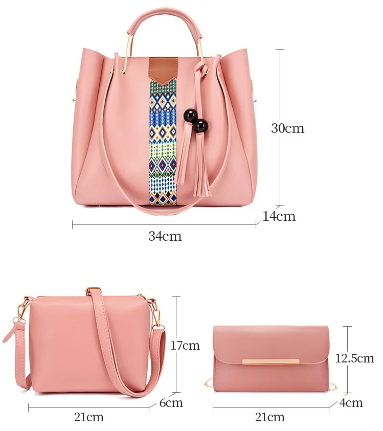 Manufacturers Wholesale Custom 2021 Fashion Ladies Female 3 Pieces PU Leather Tassel Tote Hand Bag Handbag Set For Women Luxury