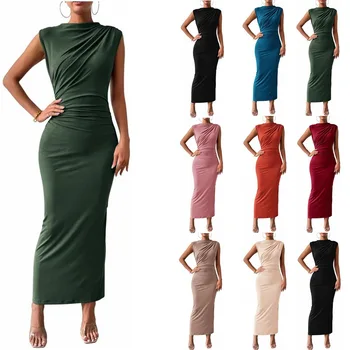 Women's Clothing Spring and Summer Hot-Selling Sleeveless Back Slit Pleated Tight Dress