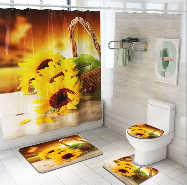 Sunflower Bathroom Shower Curtains Non Slip Toilet Polyester Cover Mat Set 
