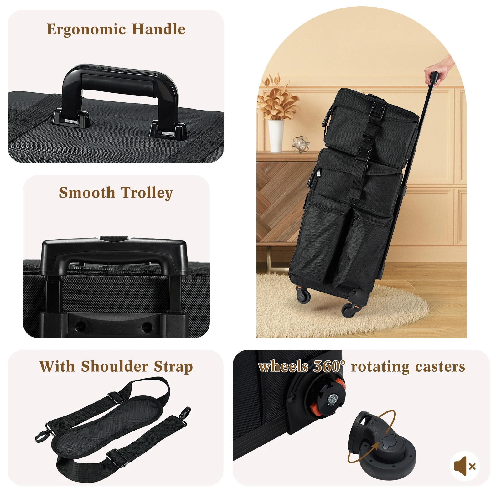 Rolling Makeup Case Trolley 2 in 1 Travel Cosmetic Train Cases on Wheels - Nylon Black Bags for Professional Make up Artist
